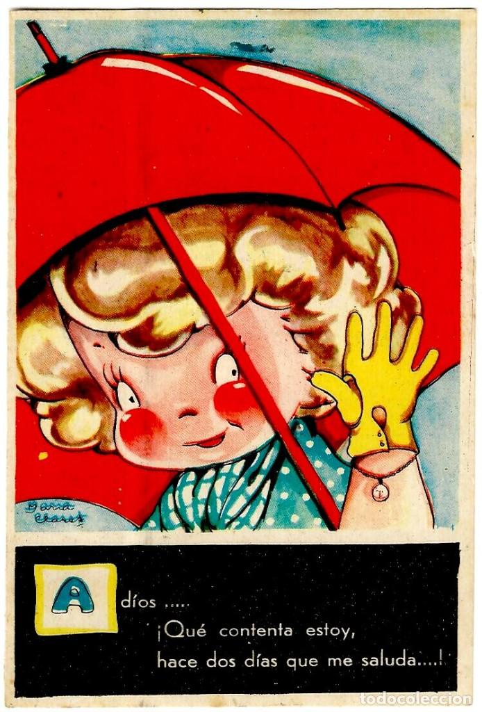 Postkarten: Mar&iacute;a Claret - &rdquo;Adi&oacute;s... &iexcl;Qu&eacute; contenta estoy, hace dos d&iacute;as que me saluda...! - 138x87 mm.
