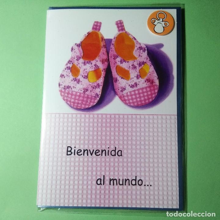 Postcards: POSTAL FELICITACION + SOBRE . NACIMIENTO BEB&Eacute;. CON BRILLOS . 18X12 DIPTICA. NUEVA PRECINTADA