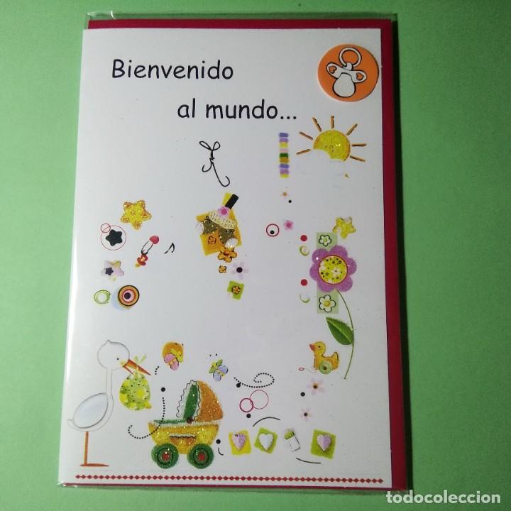 Postcards: POSTAL FELICITACION + SOBRE . NACIMIENTO BEB&Eacute; . CON BRILLOS . 18X12 DIPTICA. NUEVA PRECINTADA