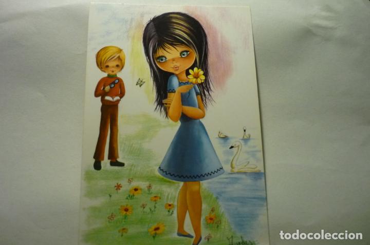 Postais: postal dibujo angeles ni&ntilde;a con flor escrita