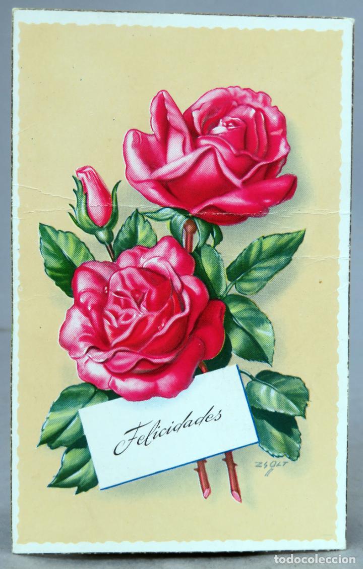 Postais: Postal rosas dibujo Zsolt Felicidades escrita 1966. Art&iacute;culo sujeto a disponibilidad de stock