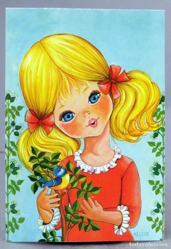 Postcards: Postal dibujada Girl n&ordm; 4 ni&ntilde;a con p&aacute;jaro dibuja H&eacute;l&egrave;ne Bergas 1975 sin circular