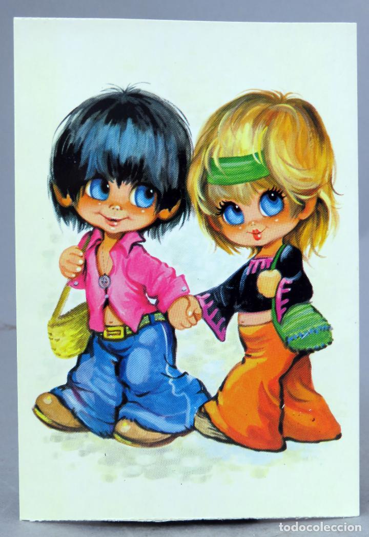 Postais: Postal dibujada Children n&ordm; 2 pareja ni&ntilde;os hippies dibuja WW Bergas 1974 sin circular