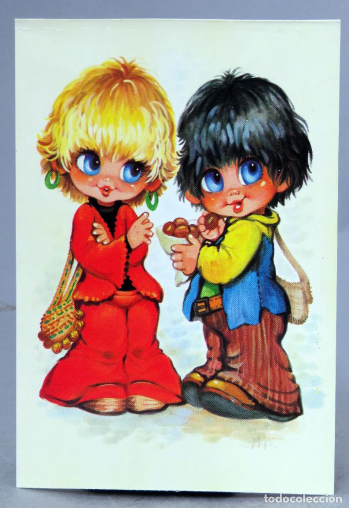 Postais: Postal dibujada Children n&ordm; 1 pareja ni&ntilde;os hippies bolso dibuja WW Bergas 1974 sin circular