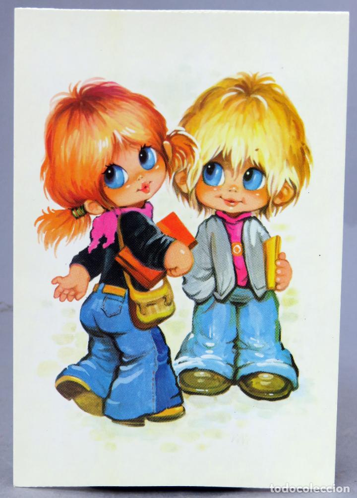 Postais: Postal dibujada Children n&ordm; 4 pareja ni&ntilde;os hippies vaqueros dibuja WW Bergas 1974 sin circular