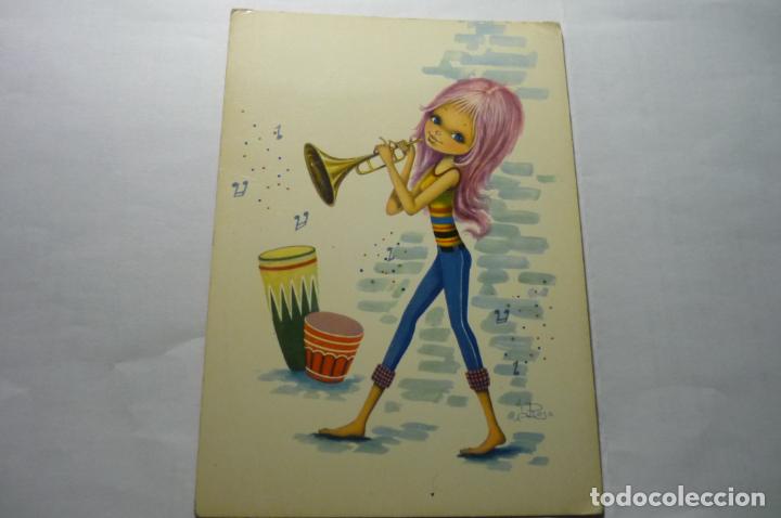 Postales: postal ni&ntilde;a tocando la trompeta dibujo rosa c y z 6651