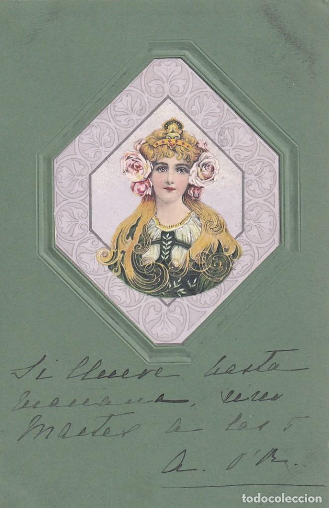 Postales: Postal modernista con relieve. Art Nouveau con imagen de mujer. Reverso sin dividir. Escrita