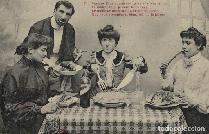 Postcards: Postal sat&iacute;rica circulada 1906. Caballa. Banquete. Comilona. Comedores y bebedores