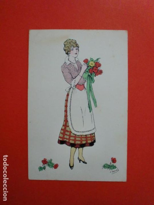 Postkarten: POSTAL COLOREADA A MANO MUJER FLORES VESTIDO A&Ntilde;OS 20 FIRMA DACHS
