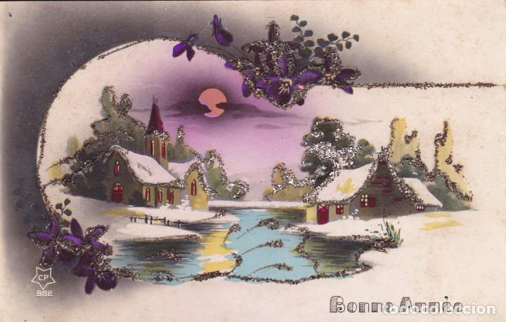 Postkarten: postal con purpurina felicitaci&oacute;n de a&ntilde;o Francia 1934