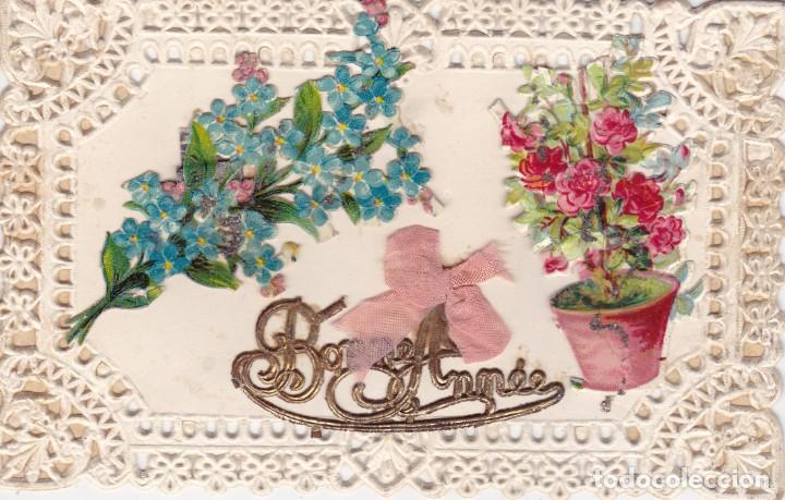 Postcards: postal finales siglo XIX con cromos pegados y felicitaci&oacute;n de a&ntilde;o nuevo Francia