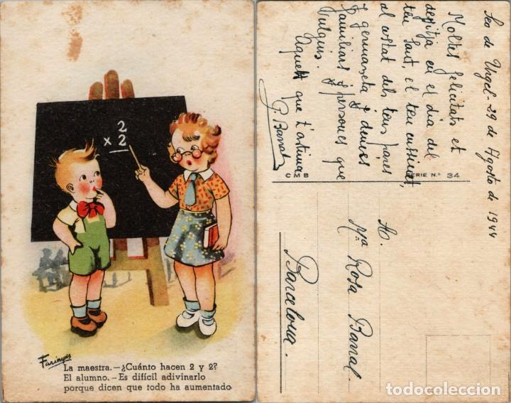 Postcards: Ilustraci&oacute;n Farinyes - Ed. CMB Serie n&ordm; 34 - La maestra. &iquest;Cu&aacute;nto hacen 2 y 2?...