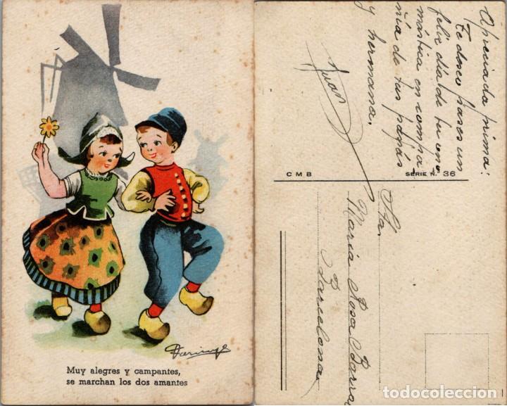 Postcards: Ilustraci&oacute;n Farinyes - Ed. CMB Serie n&ordm; 36 - Muy alegres y campantes, se marchan los dos amantes.