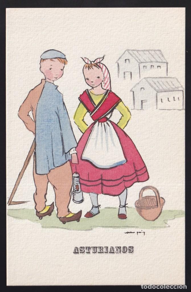 Postkarten: Ilustra *Roser Puig L&oacute;pez - Asturianos* Coloreada a mano. Nueva.
