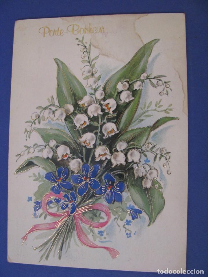 Cartoline: POSTAL DE FELICITACI&Oacute;N. FLORES. FRANCIA. ESCRITA. DESPERFECTOS.
