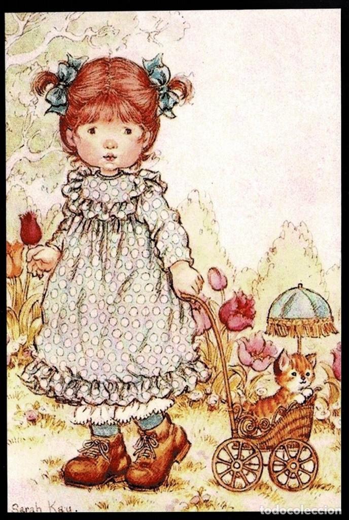 Postais: 0925D - SARAH KAY - HERMOSA NI&Ntilde;A PASEANDO A SU GATITO - 15X10 CM - NUEVA