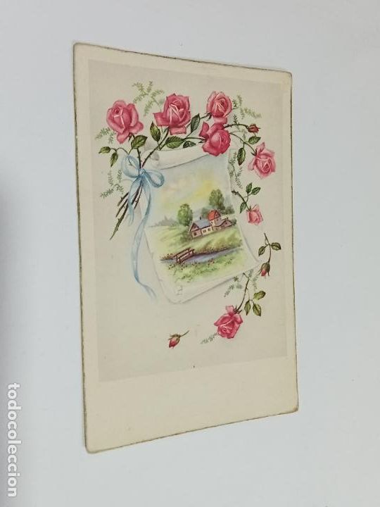 Cartoline: TARJETA POSTAL FLORES. CARTA CON IMAGEN CAMPESTRE RODEADA DE FLORES ROSAS