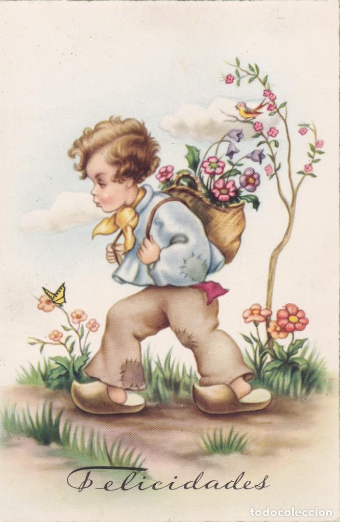 Postkarten: ni&ntilde;o caminando con flores Felicidades escrita a&ntilde;os 50