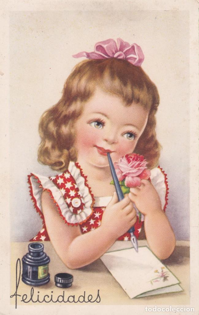 Postkarten: ni&ntilde;a con pluma escribiendo Felicidades a&ntilde;os 50 escrita