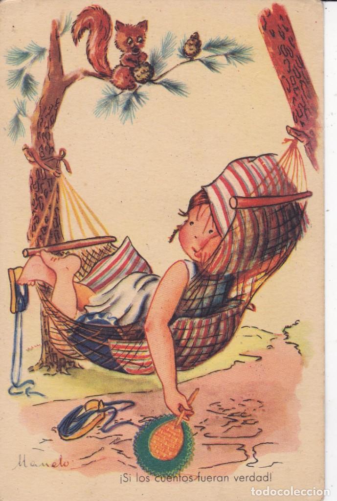 Postkarten: ni&ntilde;a dormiendo en amaca con ardilla subido a un &aacute;rbol escrita 1949