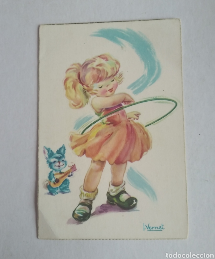Postales: postal ni&ntilde;a con hula hop vernet escrita