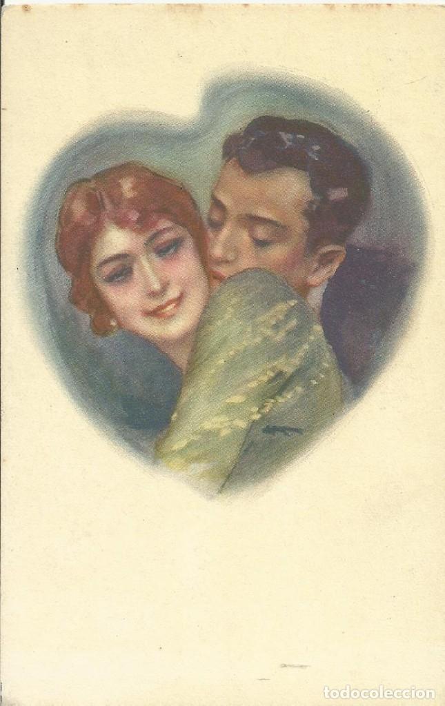 Postcards: Coraz&oacute;n con dama y caballero. Stampa. Milano. 103-4. Italia. 9x14 cm. Principios s. XX. Postal.