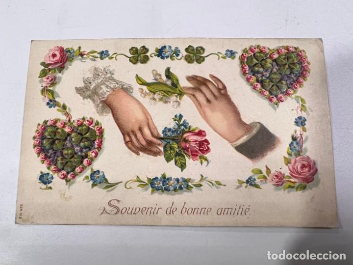 Postais: TARJETA POSTAL ESPECIAL. FELICITACION DE AMISTAD. MANOS CON FLORES Y CORAZONES DE FLORES