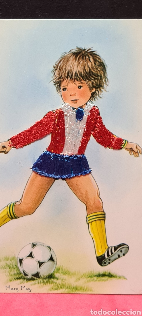 Postais: Preciosa postal bordada. Mary May. Futbolista. F&uacute;tbol.