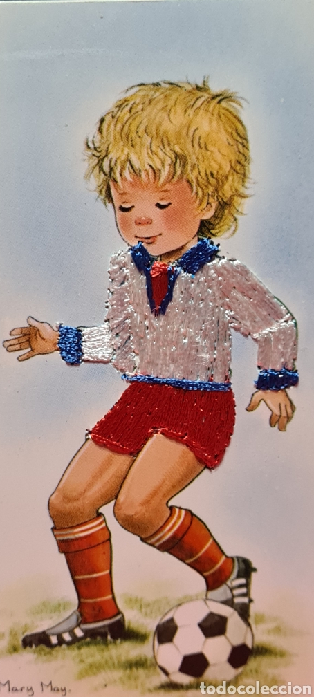 Postais: Preciosa postal bordada. Mary May. Futbolista. F&uacute;tbol.