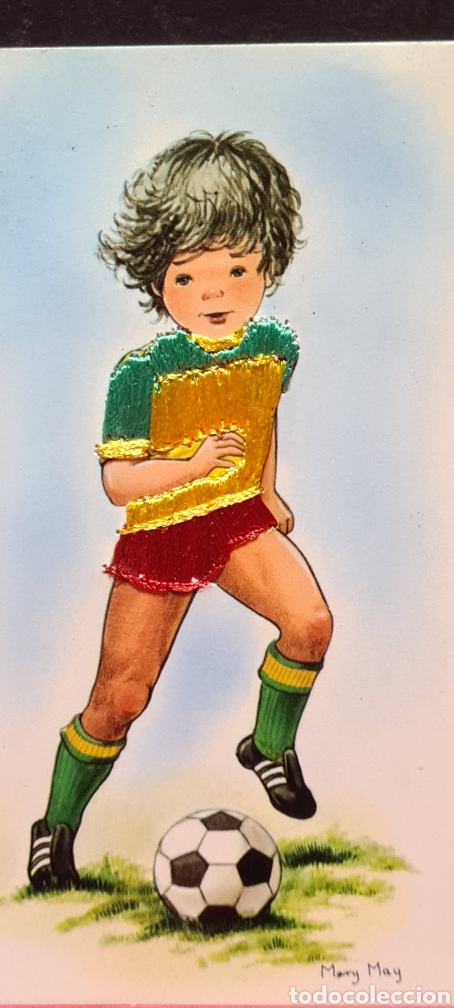 Postais: Preciosa postal bordada. Mary May. Futbolista. F&uacute;tbol.