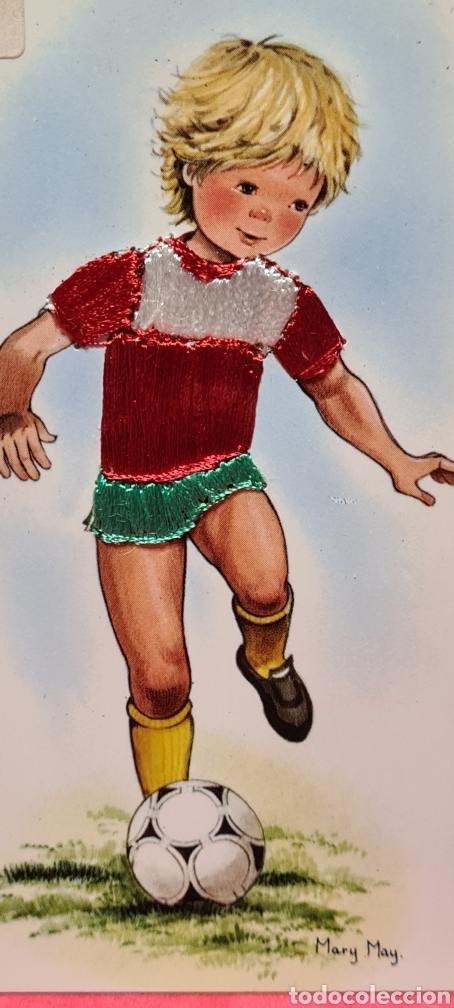 Postais: Preciosa postal bordada. Mary May. Futbolista. F&uacute;tbol.