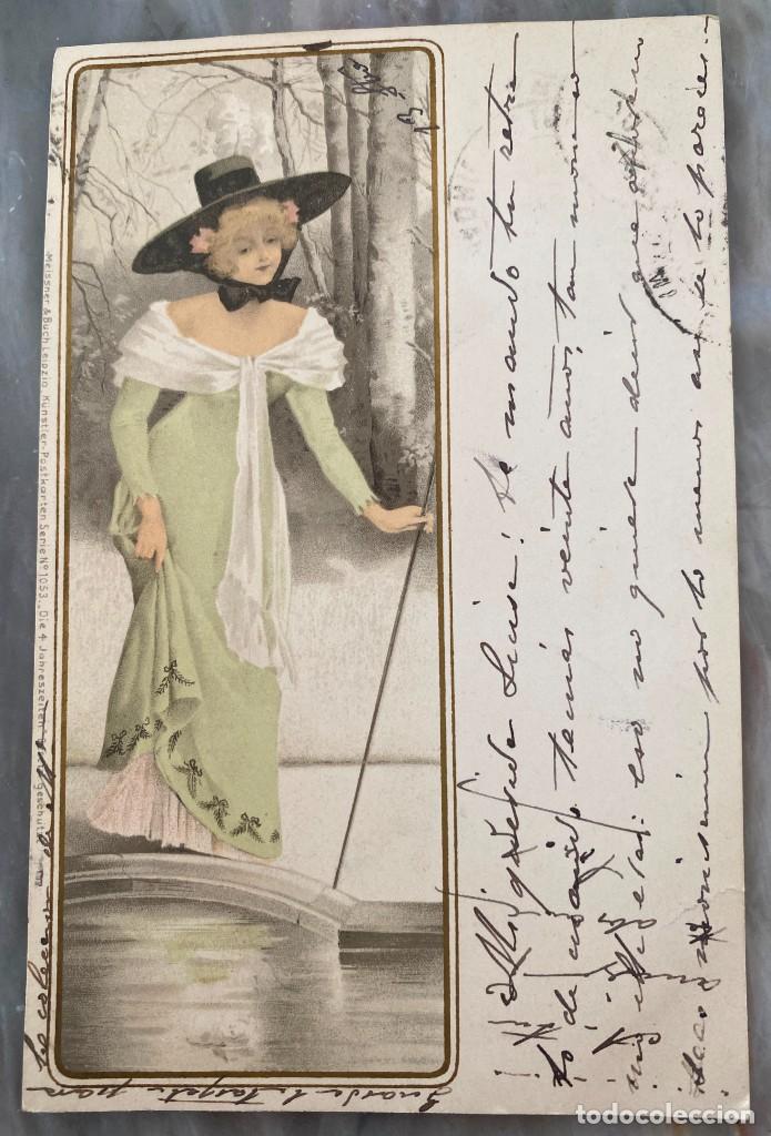 Postales: ART NOUVEAU, ART DECO, POSTAL MUJER CON VESTIDO, TIPO VIENES, CIRCULADA EN 1901