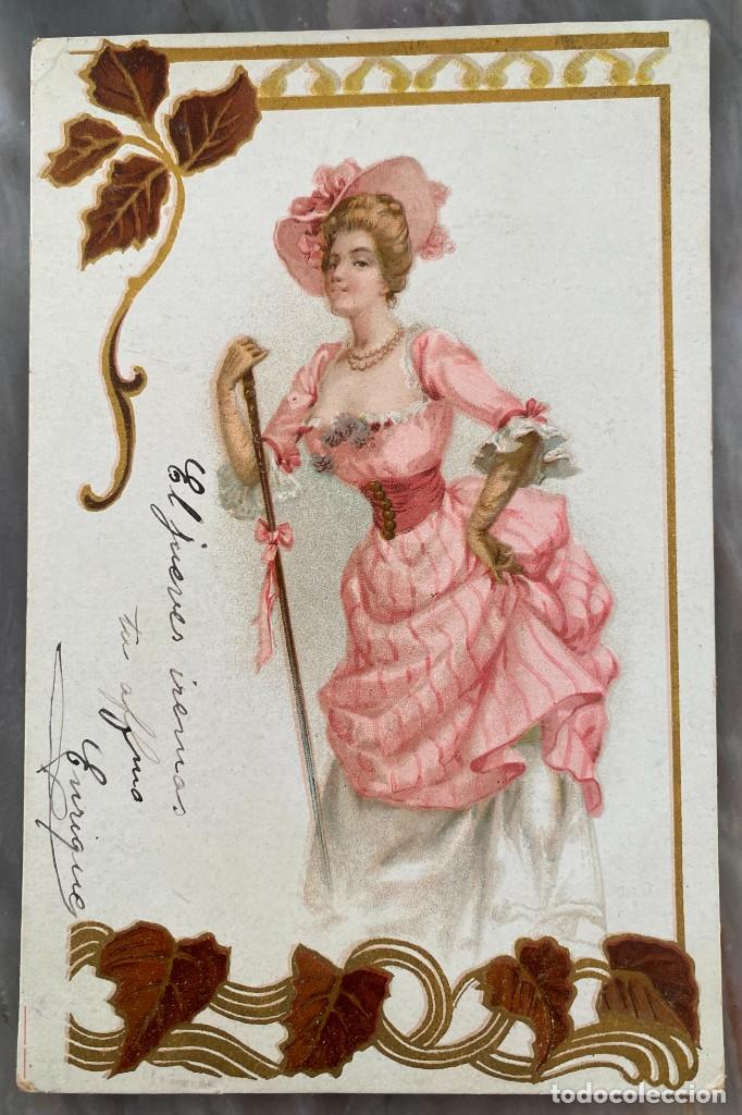 Postales: ART NOUVEAU, ART DECO, POSTAL, BELLA MUJER CON VESTIDO Y HOJAS OSCURAS, TIPO VIENES, CIRCULADA EN 19