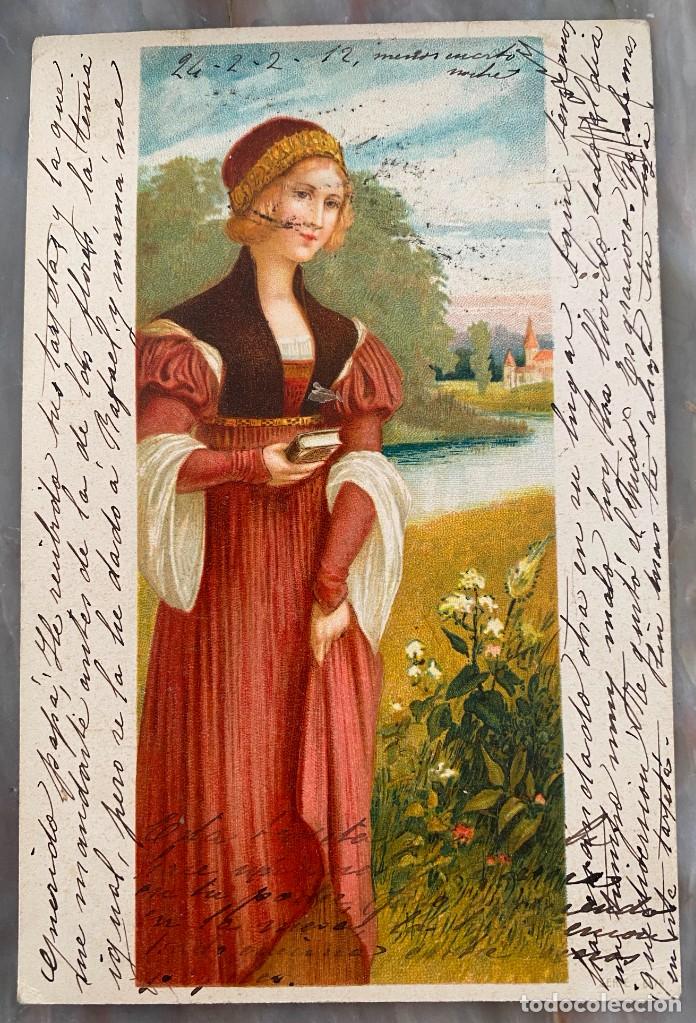 Postales: ART NOUVEAU, ART DECO, POSTAL, BELLA MUJER CON VESTIDO Y LIBRO, TIPO VIENES, CIRCULADA EN 1902