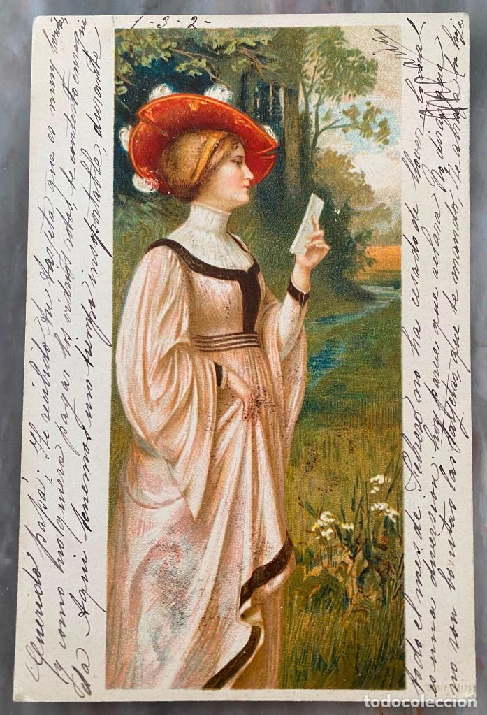 Postales: ART NOUVEAU, ART DECO, POSTAL, BELLA MUJER CON VESTIDO Y LIBRO, TIPO VIENES, CIRCULADA EN 1902