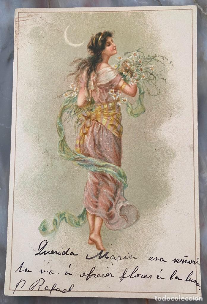 Postales: ART NOUVEAU, ART DECO, POSTAL, NINFA CON LUNA Y FLORES, TIPO VIENES, CIRCULADA EN 1901