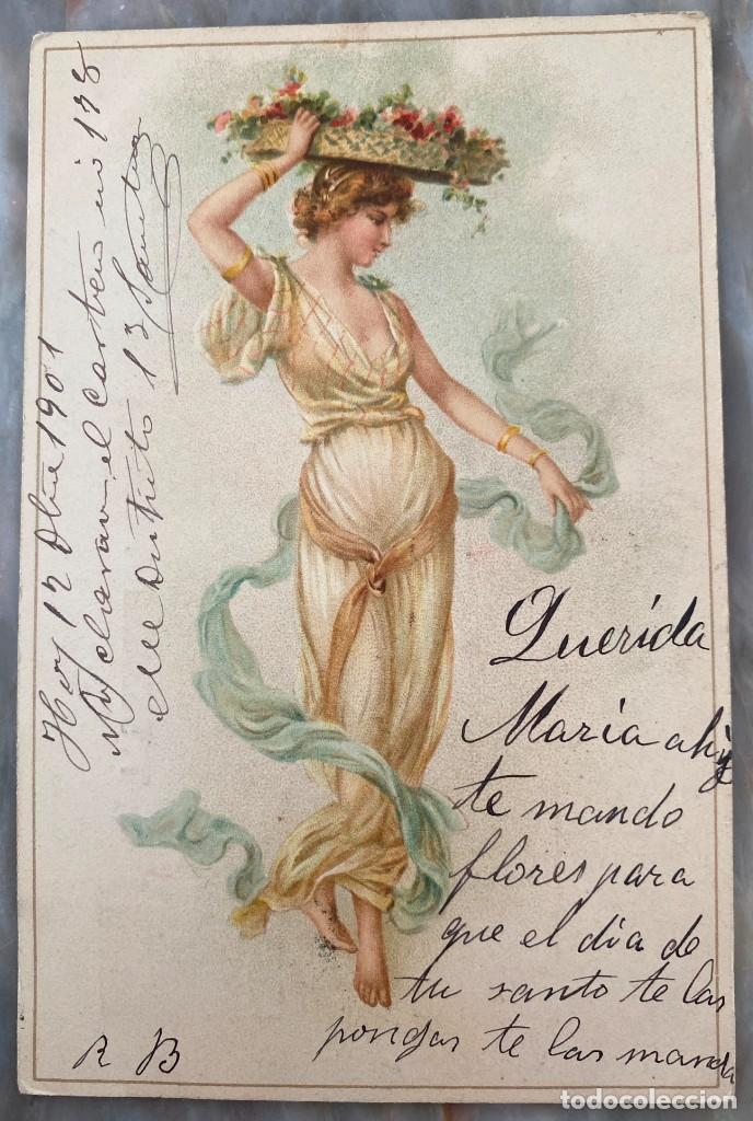 Postales: ART NOUVEAU, ART DECO, POSTAL, NINFA CON CESTO DE FLORES, TIPO VIENES, CIRCULADA EN 1901 UNION POSTA