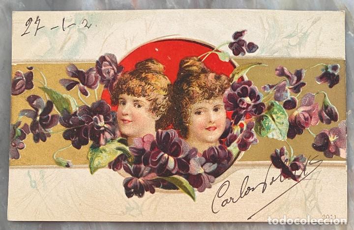 Postales: ART NOUVEAU, ART DECO, POSTAL, DAMAS CON FLORES, SERIE 2011 TIPO VIENES, CIRCULADA EN 1902