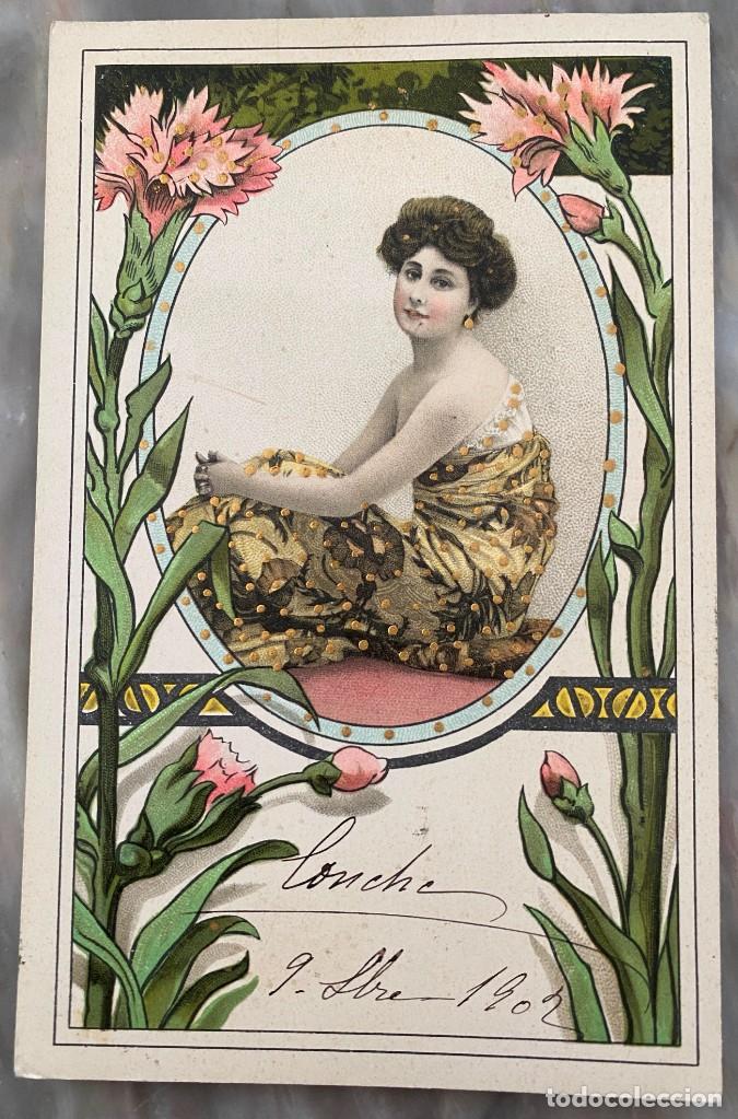 Postales: ART NOUVEAU, ART DECO, POSTAL, DAMA CON FLORES, CIRCULADA EN 1902