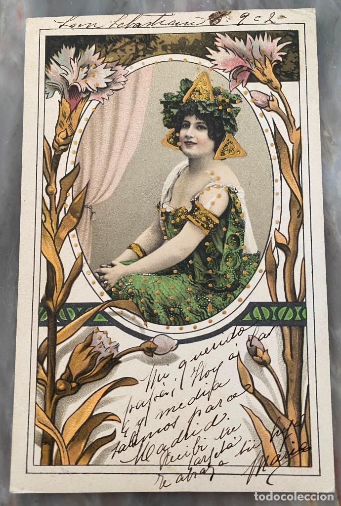 Postales: ART NOUVEAU, ART DECO, POSTAL, DAMA CON FLORES, CIRCULADA EN 1902