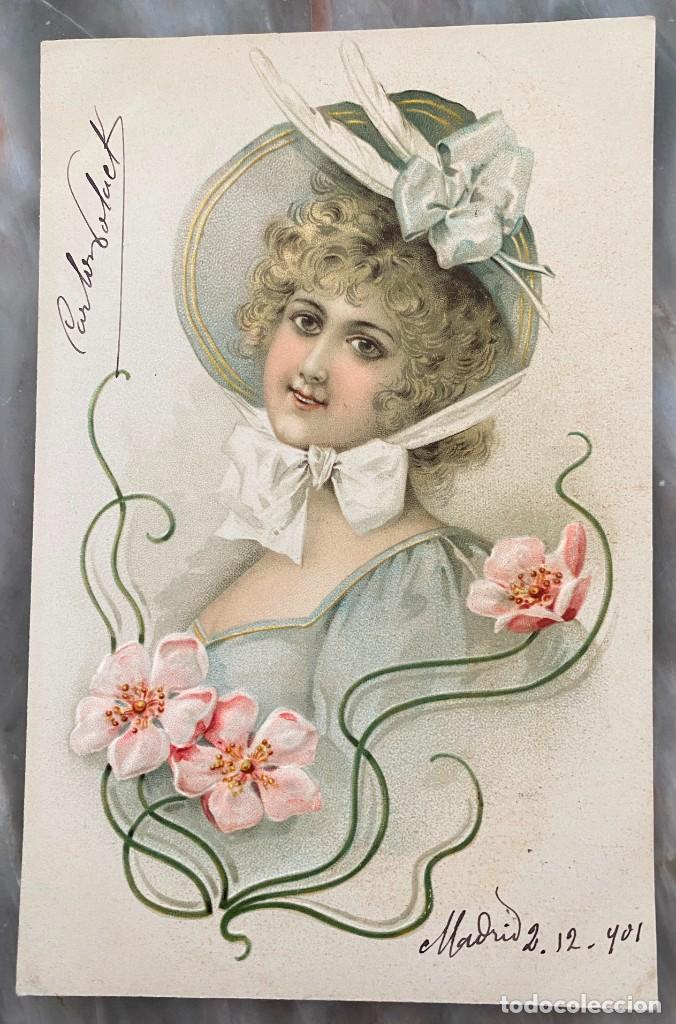 Postales: ART NOUVEAU, ART DECO, POSTAL EN RELIEVE, BONITA DAMA CON SOMBRERO Y FLORES, CIRCULADA EN 1902