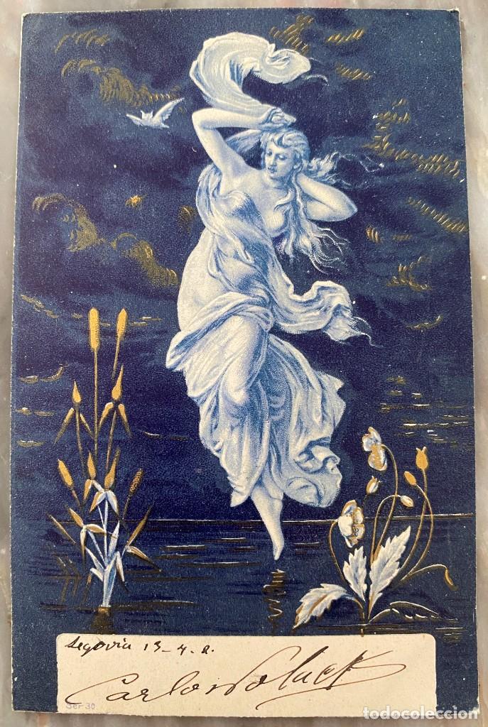 Postales: ART NOUVEAU, ART DECO, POSTAL, NINFA A LA LUZ DE LA LUNA, TIPO VIENES, CIRCULADA EN 1902