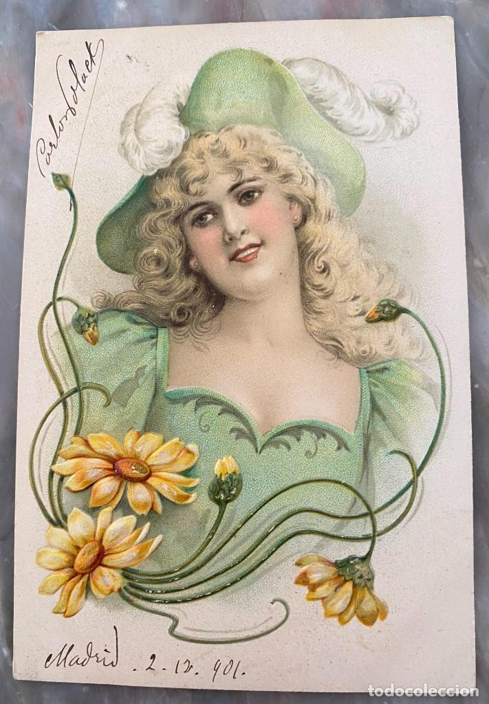 Postales: ART NOUVEAU, ART DECO, POSTAL EN RELIEVE, BONITA DAMA CON SOMBRERO Y FLORES, CIRCULADA EN 1902