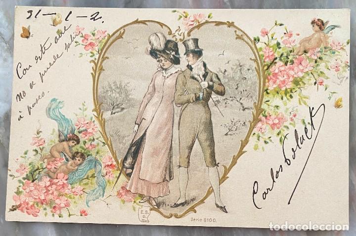 Postales: ART NOUVEAU, RELIEVE, PAREJA & CORAZON & FLORES & CUPIDO - E.S.D. SERIE 8100, CIRCULADA EN 1902