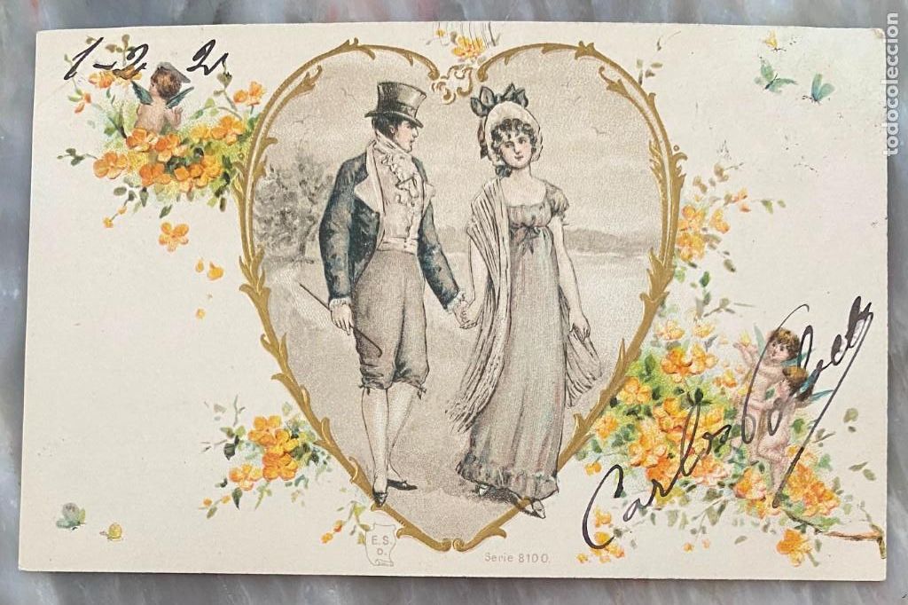 Postales: ART NOUVEAU, RELIEVE, PAREJA & CORAZON & FLORES & CUPIDO - E.S.D. SERIE 8100, CIRCULADA EN 1902