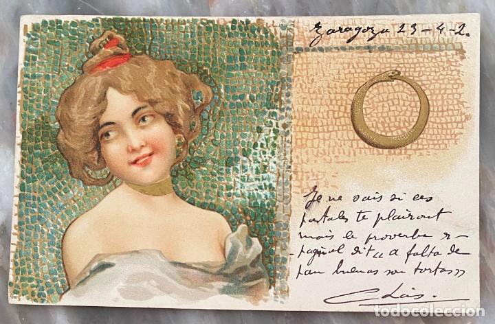 Postales: ART NOUVEAU, MUJER CON SERPIENTE ANILLO, TIPO VIENES, CIRCULADA EN 1902