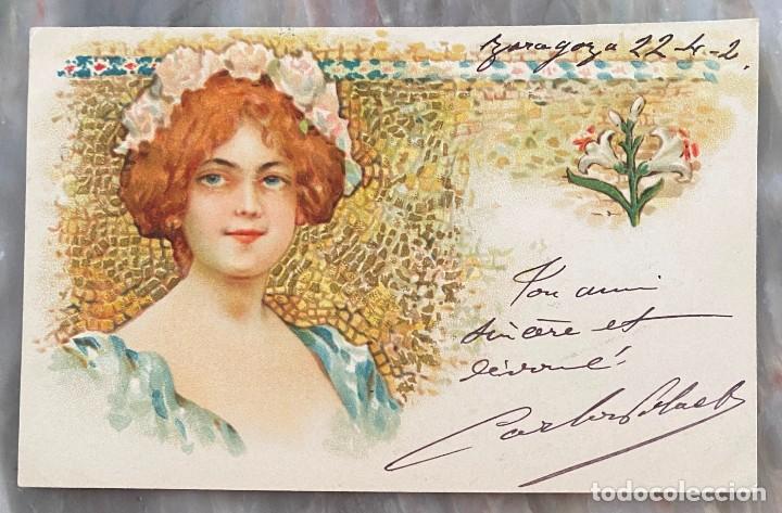 Postales: ART NOUVEAU, MUJER CON FLORES, TIPO VIENES, CIRCULADA EN 1902