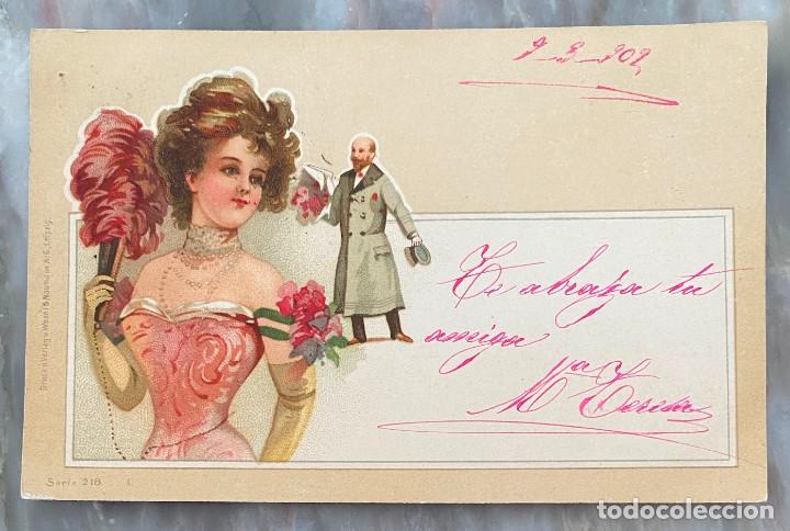 Postales: ART NOUVEAU, MUJER SIENDO CORTEJADA, SERIE 218, TIPO VIENES, CIRCULADA EN 1902