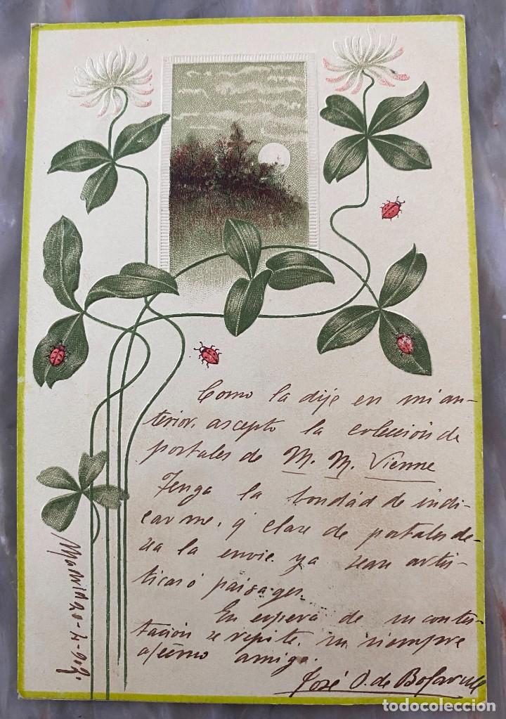 Postales: ART NOUVEAU, MODERNISTA, EN RELIEVE, PLANTAS Y MARIQUITAS ,TIPO VIENES, CIRCULADA EN 1902