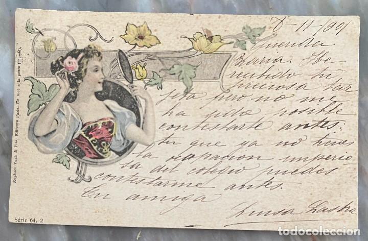 Postales: ART NOUVEAU, MODERNISTA, BELLA MUJKR CON FLORES, SERIE 64, 2 RAPHAEL TUCK, CIRCULADA EN 1901